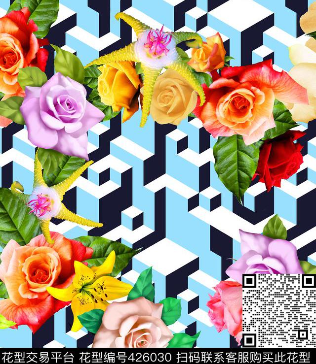 1604017b-3.jpg - 426030 - 花 几何 欧美 - 数码印花花型 － 女装花型设计 － 瓦栏