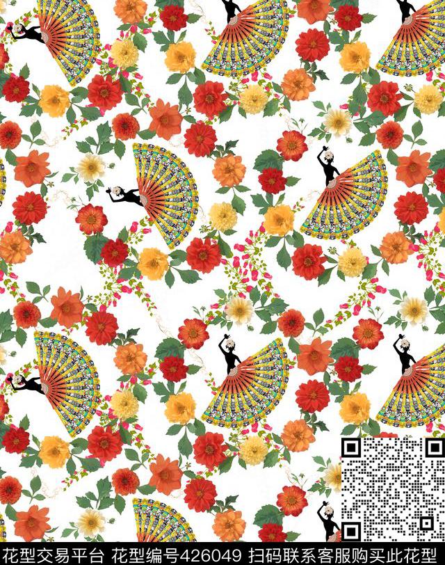 时尚创意跳舞的女人扇子花卉图 - 426049 - 花卉 人物 扇子 - 数码印花花型 － 女装花型设计 － 瓦栏