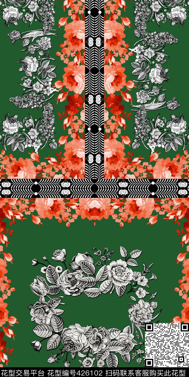 复古欧式传统软薄绸花卉撞色女装连衣裙外套花型 - 426102 - 复古 花卉 连衣裙 - 传统印花花型 － 女装花型设计 － 瓦栏