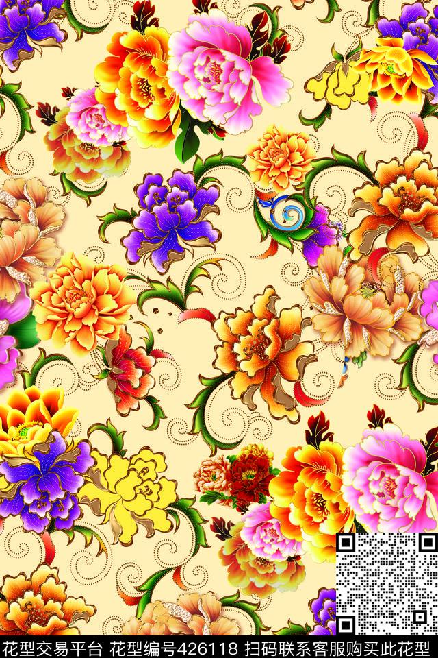 复古中国风牡丹花 - 426118 - 中国风 金黄色系牡丹花 古典中国风 - 数码印花花型 － 女装花型设计 － 瓦栏