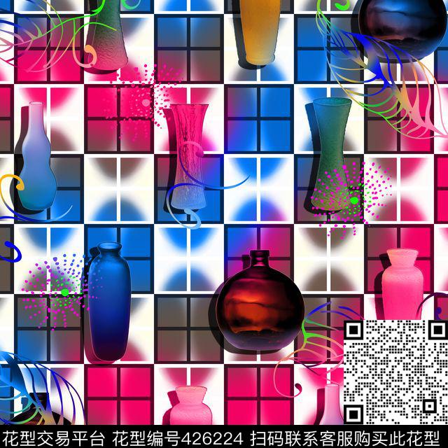 时尚个性水彩花瓶 - 426224 - 个性 花瓶 幻彩 - 数码印花花型 － 女装花型设计 － 瓦栏