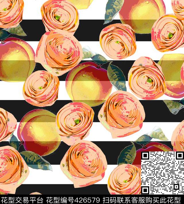 条纹水果花卉清新服装花型 - 426579 - 花卉 水果 条纹 - 数码印花花型 － 女装花型设计 － 瓦栏