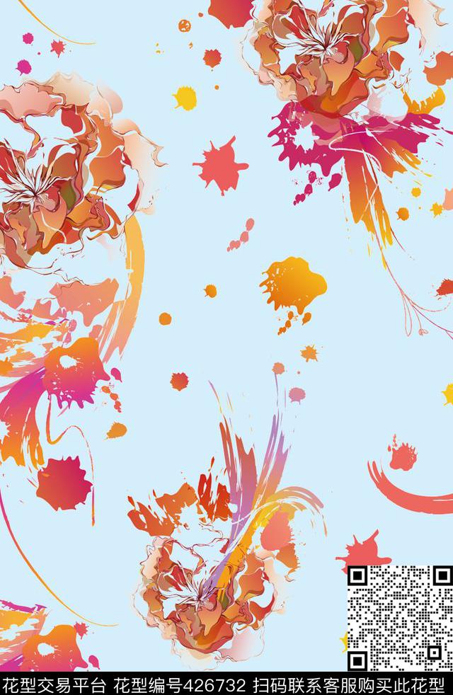 抽象花朵。 艺术  男装女 装   秋冬夏  - 426732 - 花朵 靓丽 中国风 - 数码印花花型 － 女装花型设计 － 瓦栏