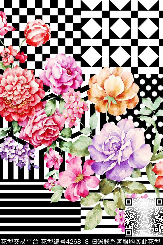 定位几何黑白方格水彩手绘花卉数码印花 - 426818 - 定位 花卉 几何黑白方格 - 数码印花花型 － 女装花型设计 － 瓦栏