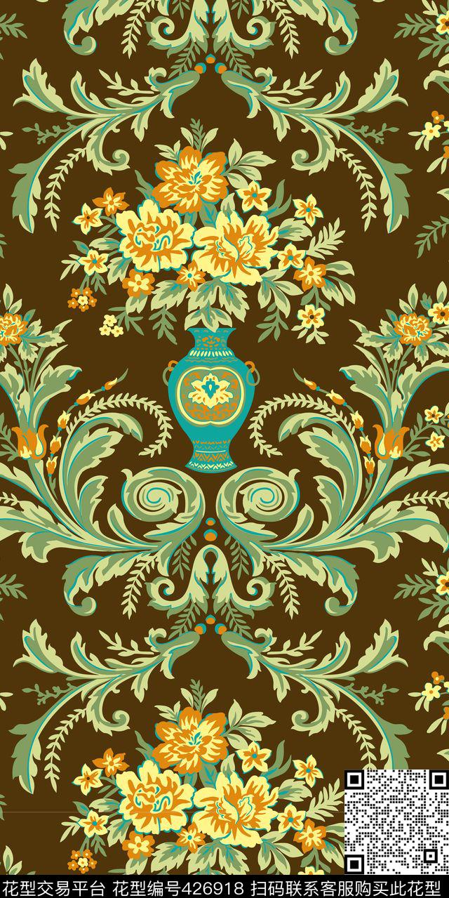 欧式奢华复古宫廷花卉 - 426918 - 欧式奢华复古 宫廷 花瓶花卉 - 传统印花花型 － 床品花型设计 － 瓦栏