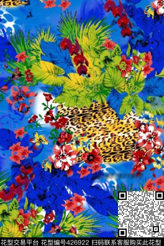 热带花蓝底豹纹综合型 - 426922 - 流行 热带 时尚 - 数码印花花型 － 女装花型设计 － 瓦栏