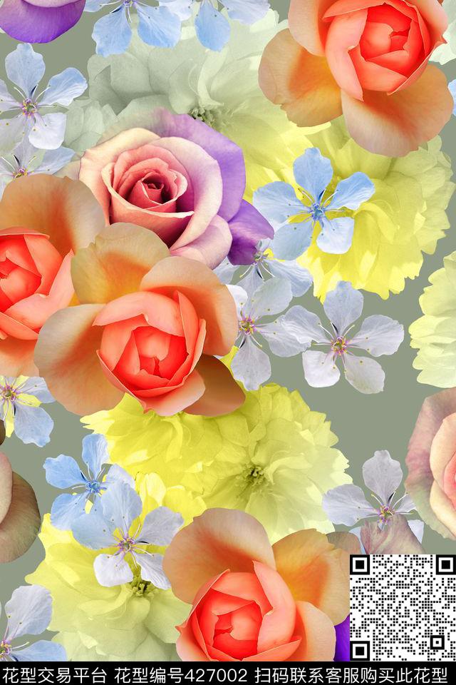 田园花卉时尚女装 - 427002 - 大气 花卉 小花 - 数码印花花型 － 女装花型设计 － 瓦栏