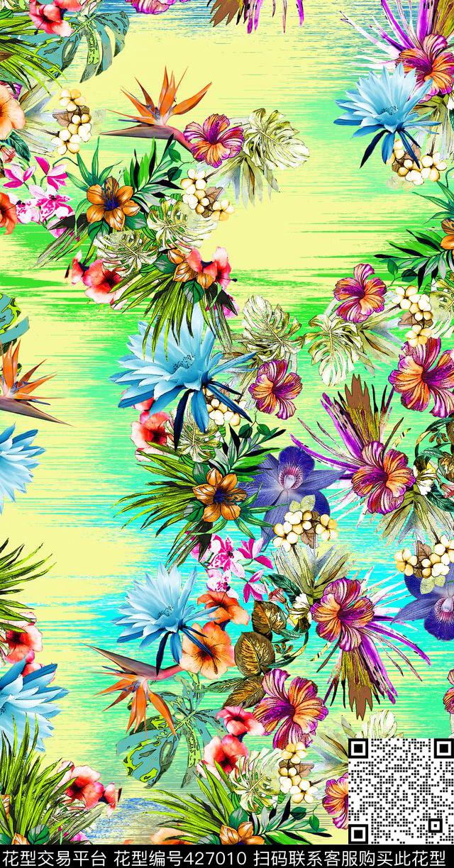 春夏风飞之花 - 427010 - 春夏 手绘花朵 刮风底纹效果 - 数码印花花型 － 女装花型设计 － 瓦栏