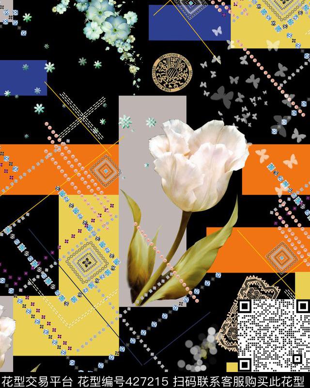素雅方格珠宝花 - 427215 - 方格 珠宝 小花 - 数码印花花型 － 床品花型设计 － 瓦栏