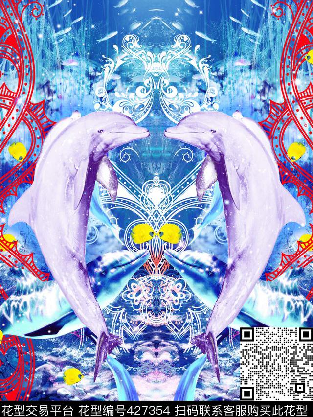 梦幻绚丽海底动物风情-爱心海豚 - 427354 - 梦幻海底度假 海豚 珊瑚 - 数码印花花型 － 女装花型设计 － 瓦栏