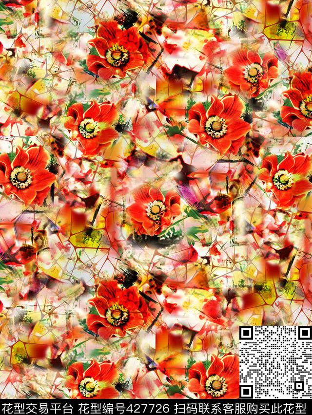 时尚花卉 - 427726 - 红色花卉 时尚 网格 - 数码印花花型 － 女装花型设计 － 瓦栏