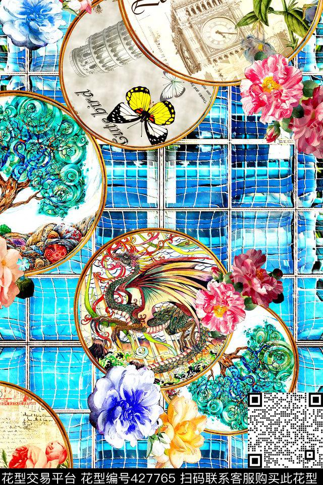 抽象几何格子花卉相框建筑树木蝴蝶 - 427765 - 抽象 几何格子 花卉 - 数码印花花型 － 女装花型设计 － 瓦栏