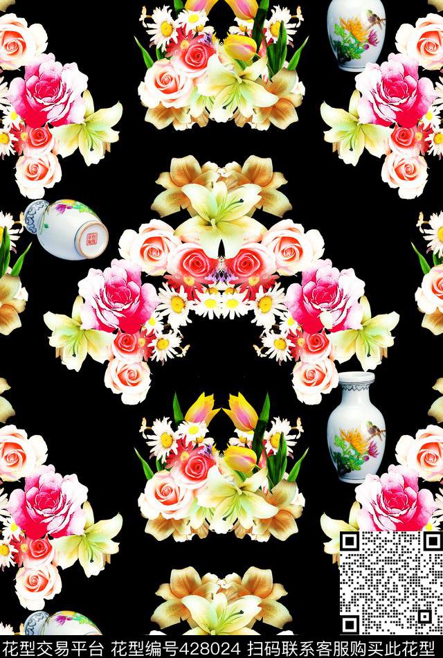 真实摄影花卉拼接图 - 428024 - 真实牡丹百合花卉 清华瓷器 简单大气黑底 - 数码印花花型 － 女装花型设计 － 瓦栏