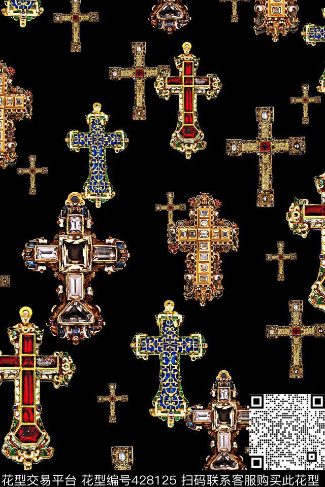 十字架宝石 - 428125 - 宝石 十字架 珠宝 - 数码印花花型 － 女装花型设计 － 瓦栏