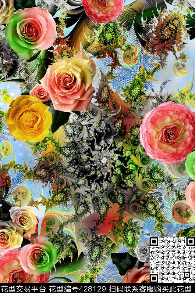 花卉田园风 - 428129 - 富贵 花 抽象 - 数码印花花型 － 女装花型设计 － 瓦栏