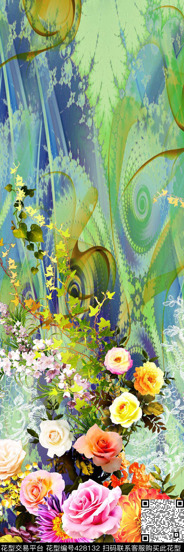 花团锦簇 - 428132 - 富贵 花卉 迷幻 - 数码印花花型 － 女装花型设计 － 瓦栏