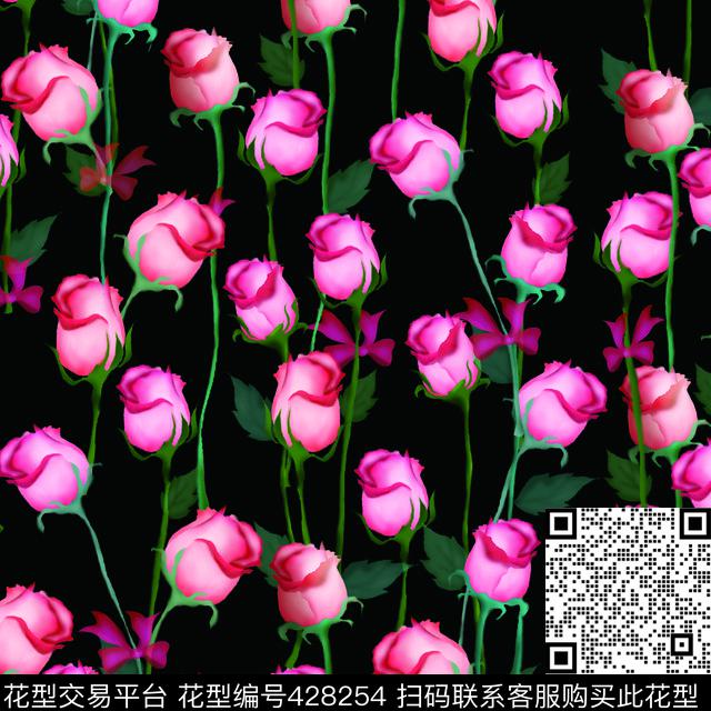 粉色玫瑰 - 428254 - 玫瑰 鲜艳 平底 - 数码印花花型 － 女装花型设计 － 瓦栏