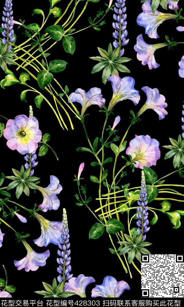 黑底手绘漂亮花卉 - 428303 - 花卉 灰调大牌 手绘花卉 - 数码印花花型 － 女装花型设计 － 瓦栏