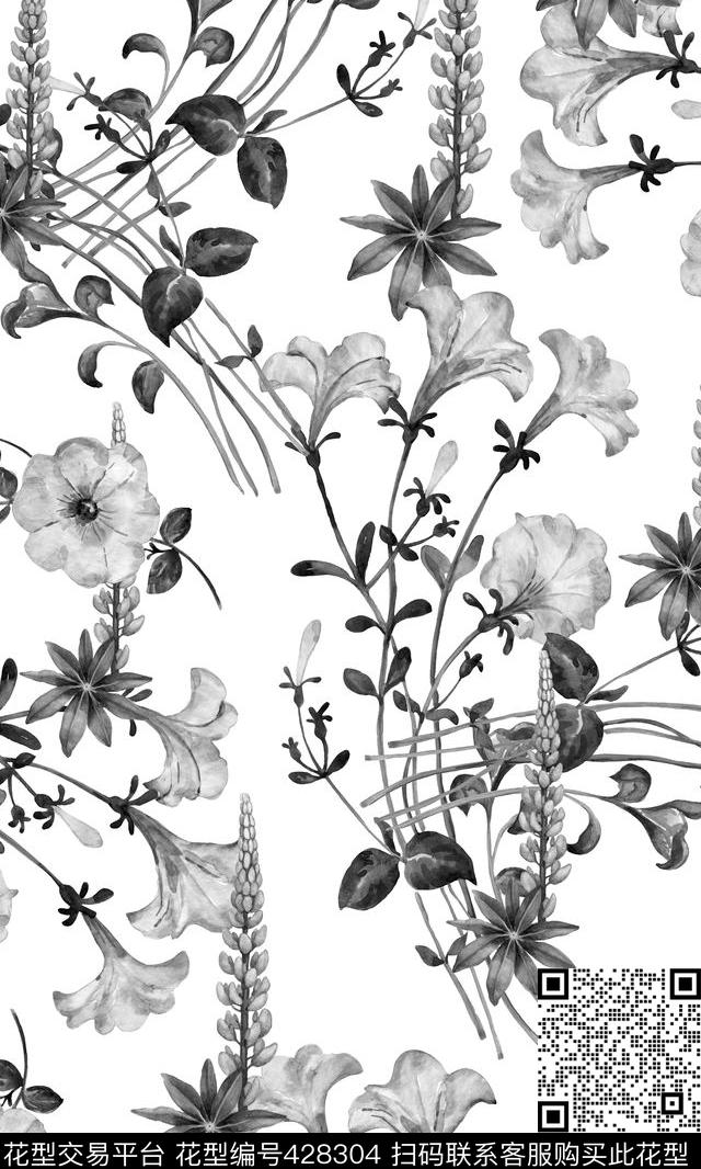 黑底手绘漂亮花卉 - 428304 - 花卉 手绘花卉 灰调大牌 - 数码印花花型 － 女装花型设计 － 瓦栏