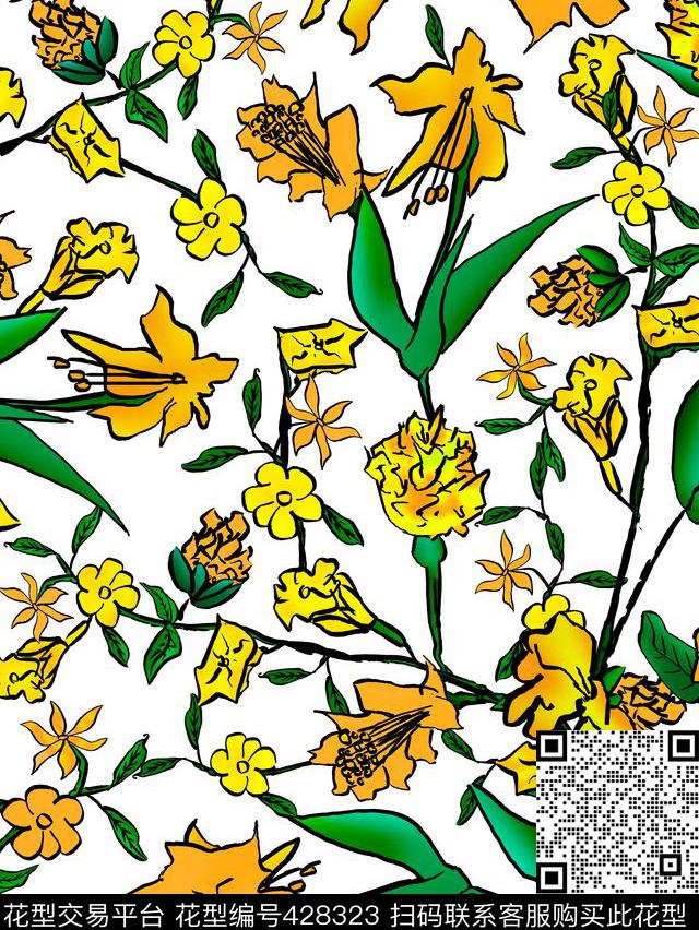 x63eec-1.jpg - 428323 - 抽象花 复古 花 - 数码印花花型 － 女装花型设计 － 瓦栏