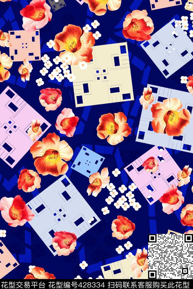 花之彩 - 428334 - 几何元素 冷调中国风 水彩手绘 - 数码印花花型 － 女装花型设计 － 瓦栏