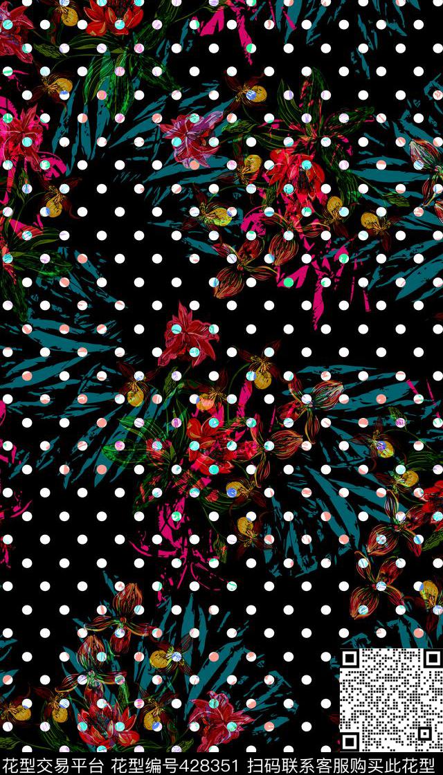 2015042201-a - 428351 - 暗黑 波点 棕榈花卉 - 数码印花花型 － 女装花型设计 － 瓦栏