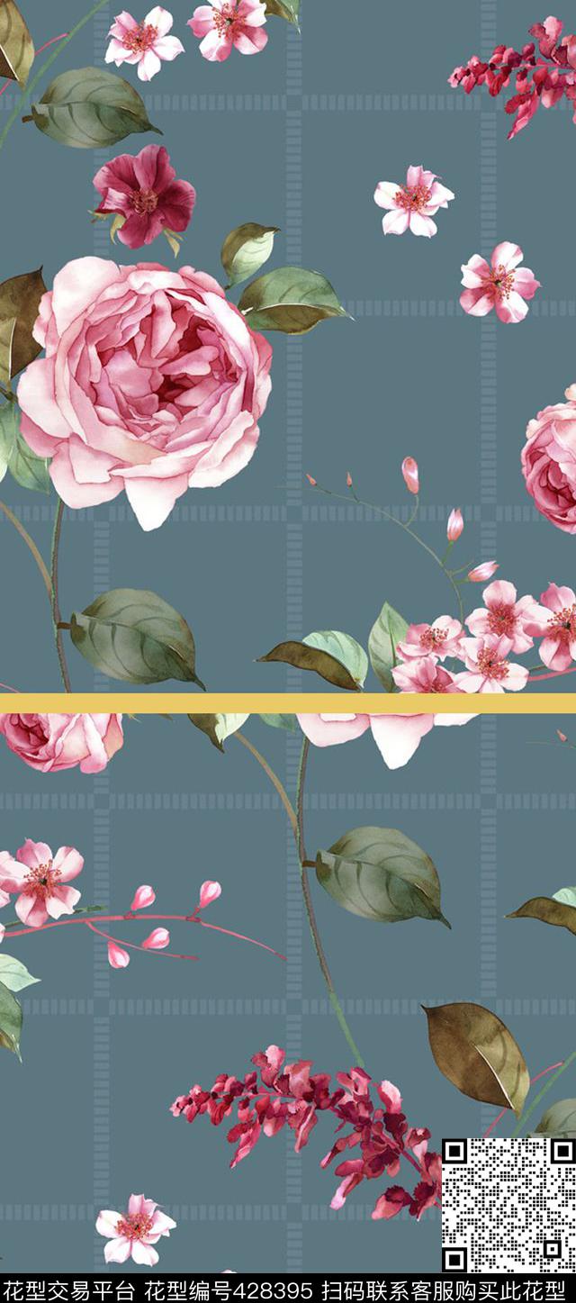 格子和手绘花卉搭配 - 428395 - 格子 手绘花卉 搭配 - 传统印花花型 － 女装花型设计 － 瓦栏