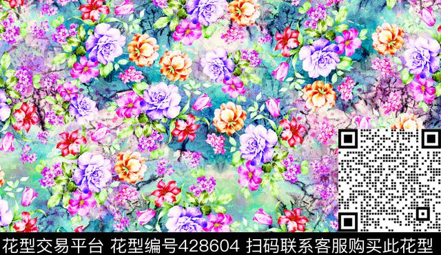花卉20141273.jpg - 428604 - 红 黄 蓝 花卉 - 数码印花花型 － 女装花型设计 － 瓦栏