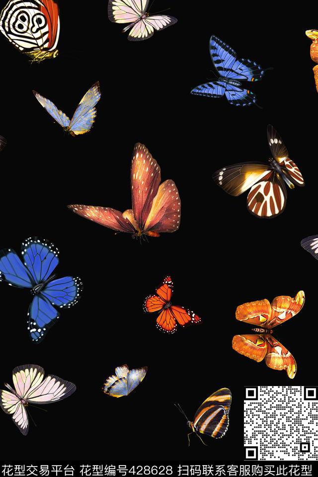散排蝴蝶. - 428628 - 时尚 黑底 蝴蝶 - 数码印花花型 － 女装花型设计 － 瓦栏