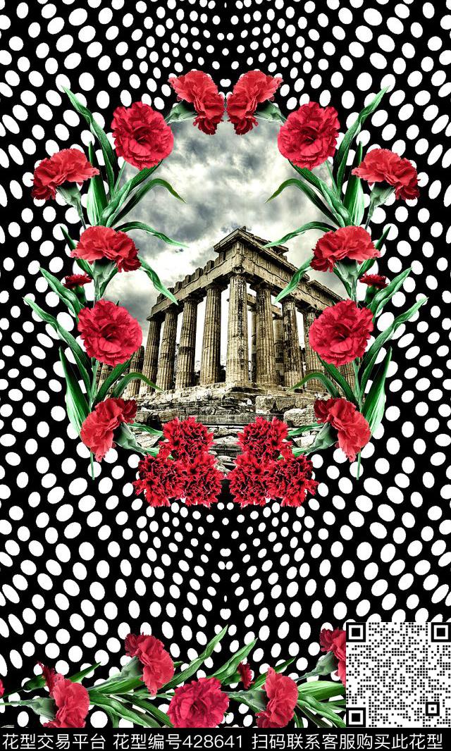 时尚大牌康乃馨希腊风景定位 - 428641 - 时尚 康乃馨 希腊 - 数码印花花型 － 女装花型设计 － 瓦栏