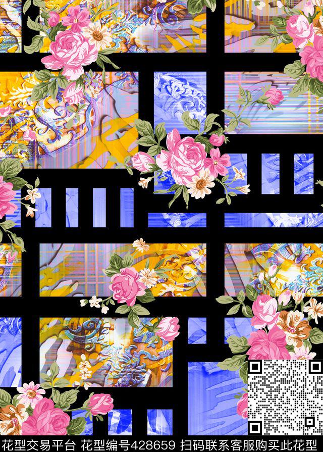 肌理几何条纹花卉 - 428659 - 肌理 几何 花卉 - 数码印花花型 － 女装花型设计 － 瓦栏