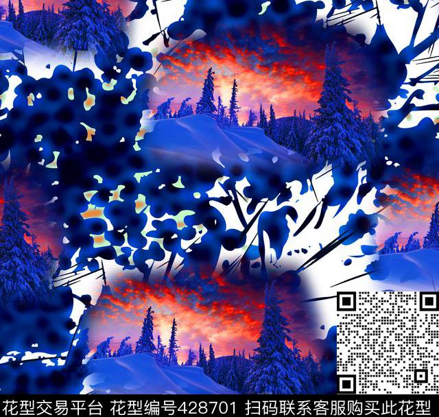 时尚流行蓝色梦幻 - 428701 - 抽象 水墨 山林 - 数码印花花型 － 女装花型设计 － 瓦栏