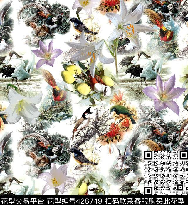 复古时尚插画花鸟百合图 - 428749 - 百合 复古 花卉 - 数码印花花型 － 女装花型设计 － 瓦栏