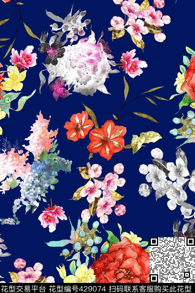 经典花卉组合 - 429074 - 流行 花朵 叶子 - 数码印花花型 － 女装花型设计 － 瓦栏