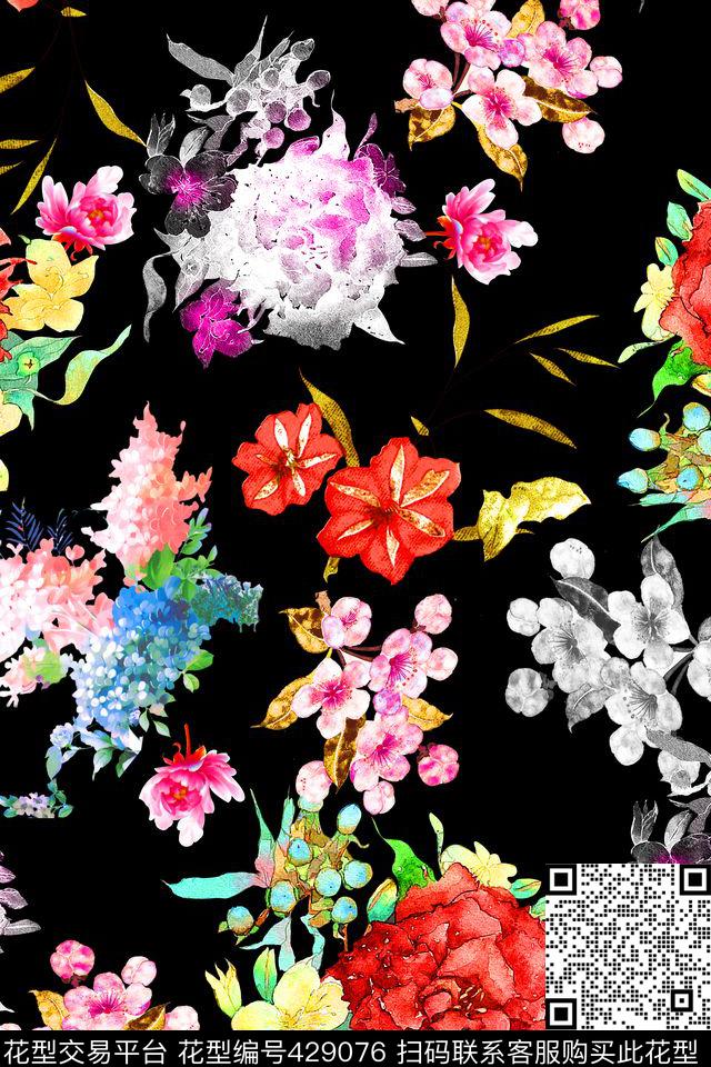 经典花卉组合 - 429076 - 流行 花朵 叶子 - 数码印花花型 － 女装花型设计 － 瓦栏