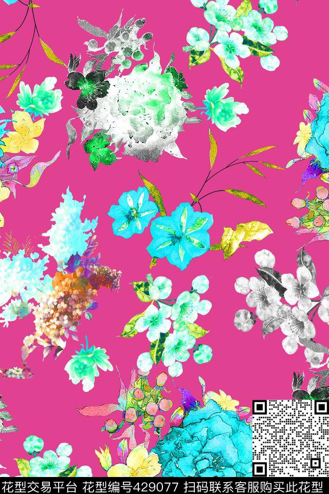 经典花卉组合 - 429077 - 流行 花朵 叶子 - 数码印花花型 － 女装花型设计 － 瓦栏