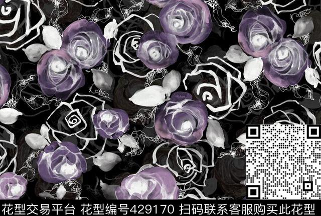 个性男装抽象斑斓玫瑰水彩手绘印花图. - 429170 - 抽象 玫瑰水彩 手绘 - 数码印花花型 － 女装花型设计 － 瓦栏