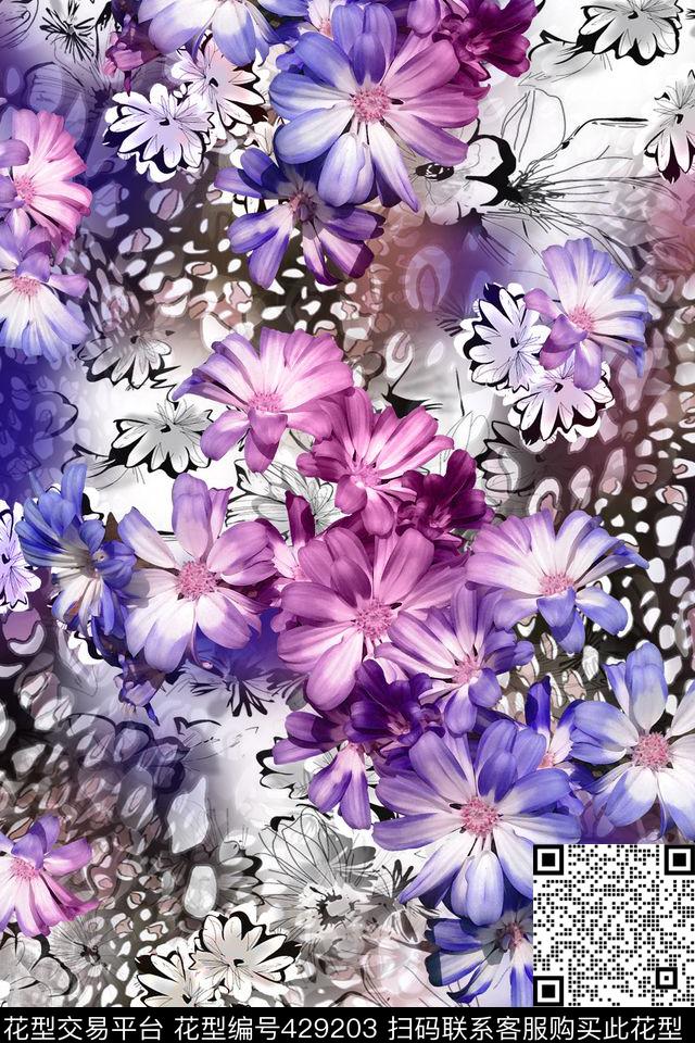 性感虎皮纹小花 - 429203 - 花卉 时尚冷艳 手绘花卉 - 数码印花花型 － 女装花型设计 － 瓦栏