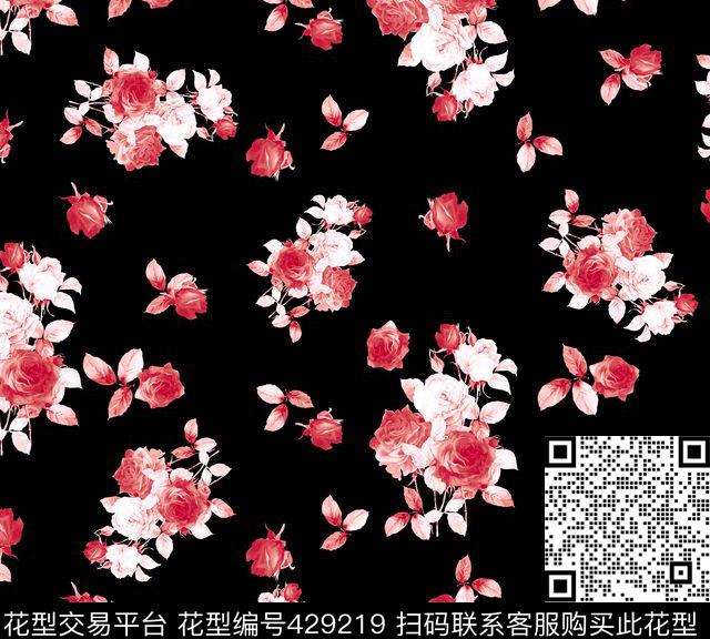 简约单色手绘玫瑰数码印花2. - 429219 - 花卉 简约单色 流行时尚 - 数码印花花型 － 女装花型设计 － 瓦栏