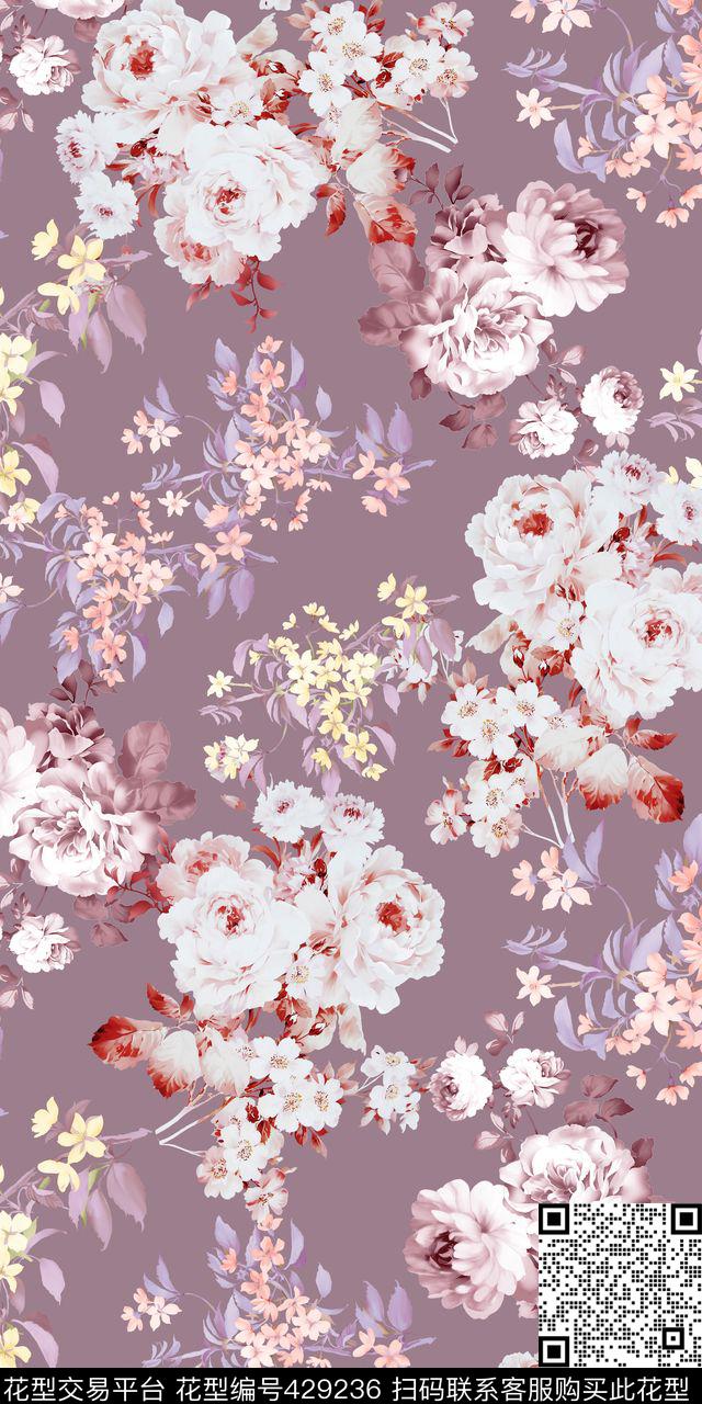 时尚文雅高级灰花卉数码印花 - 429236 - 高级灰 高雅 花卉 - 数码印花花型 － 女装花型设计 － 瓦栏