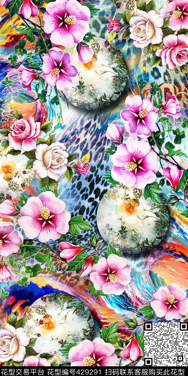 时尚豹纹漩涡女装花卉 - 429291 - 数码 豹纹 漩涡 - 数码印花花型 － 女装花型设计 － 瓦栏