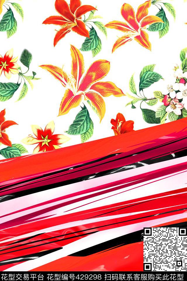 瑕疵花卉条纹油漆系列清新春夏服装花型. - 429298 - 花卉 条纹 油漆 - 数码印花花型 － 女装花型设计 － 瓦栏