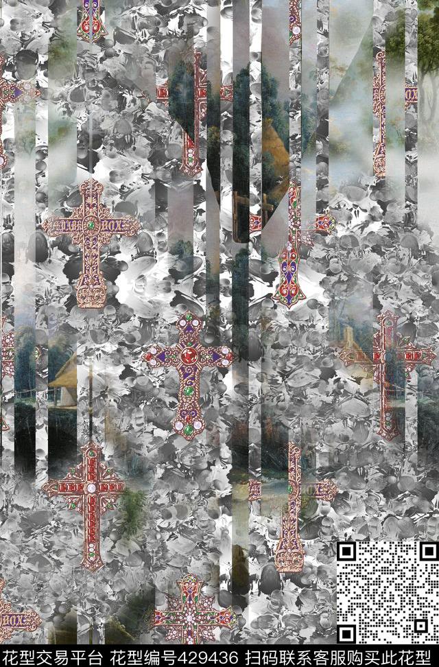 创意油画定位时尚条纹系列 - 429436 - 流行 十字架 条纹 - 数码印花花型 － 女装花型设计 － 瓦栏