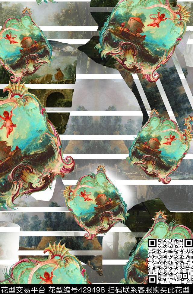 创意油画定位时尚3 - 429498 - 流行 油画 画框 - 数码印花花型 － 女装花型设计 － 瓦栏