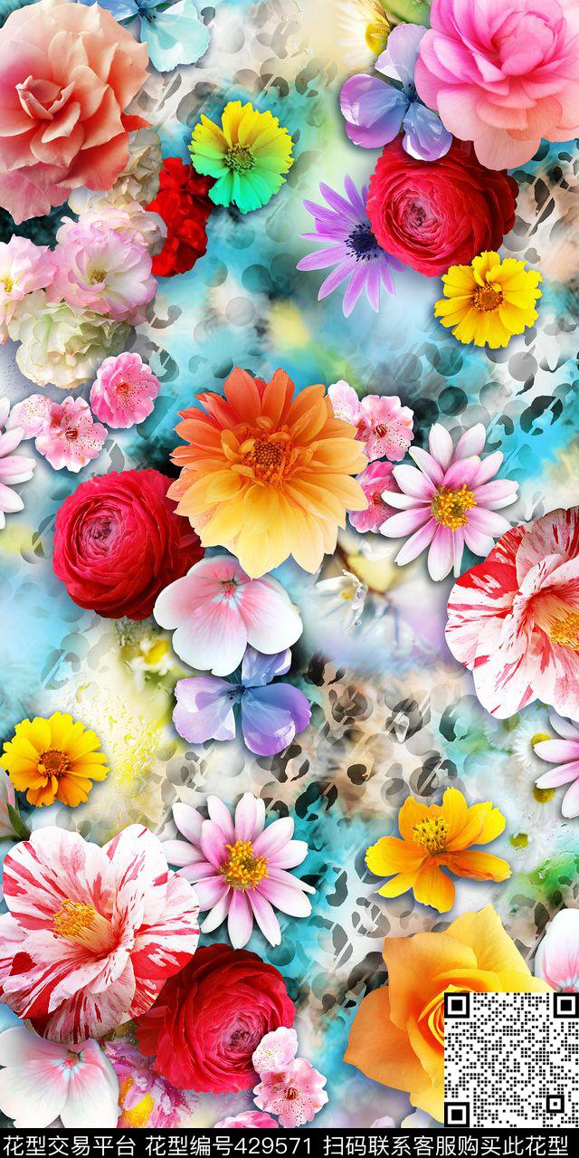 清爽花卉抽象豹纹底 - 429571 - 满版花型 清爽花卉 抽象豹纹底 - 数码印花花型 － 女装花型设计 － 瓦栏
