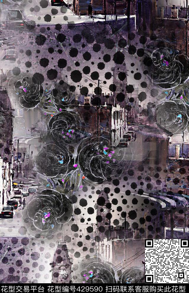 油画画稿 泼墨波点 抽象花卉 都市喧嚣一角 - 429590 - 抽象 都市 服装 - 数码印花花型 － 女装花型设计 － 瓦栏