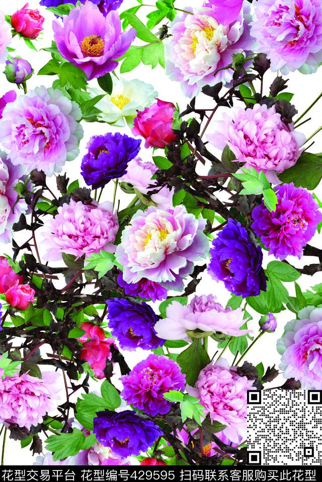 在中国风满版牡丹花卉 - 429595 - 花卉 牡丹 中国风 - 数码印花花型 － 女装花型设计 － 瓦栏