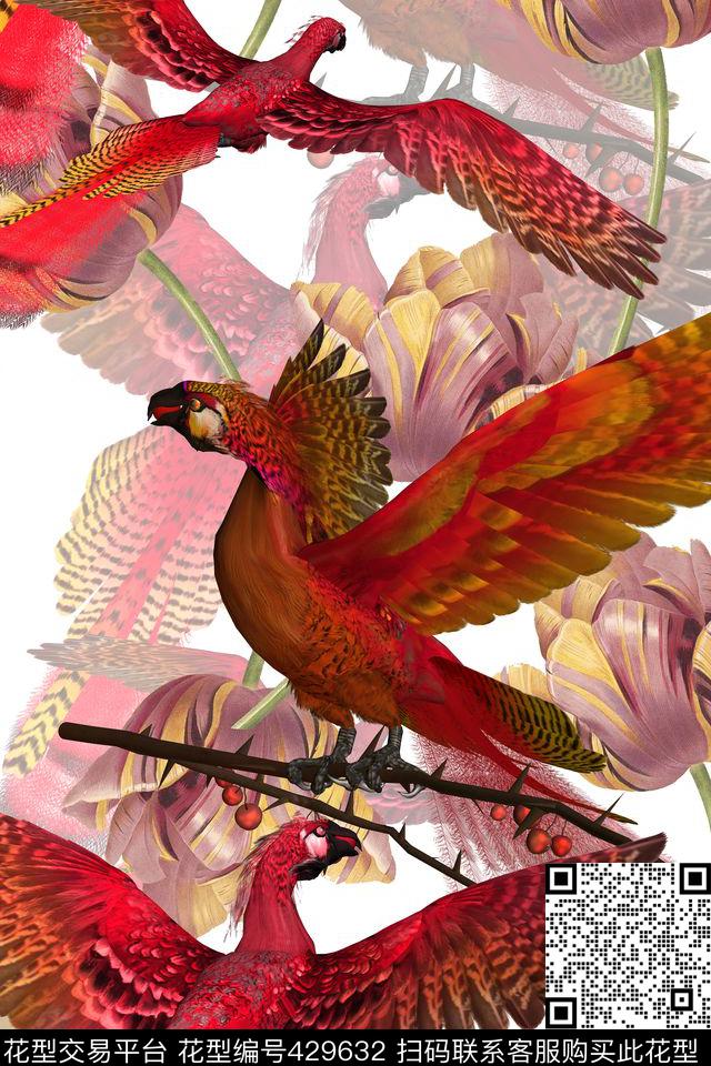 红色凤凰和五彩花卉 - 429632 - 红色 凤凰 五彩 - 数码印花花型 － 女装花型设计 － 瓦栏