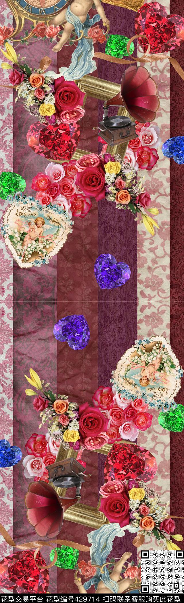 爱的音乐花园 - 429714 - 布纹 花卉 留声机 - 数码印花花型 － 长巾花型设计 － 瓦栏