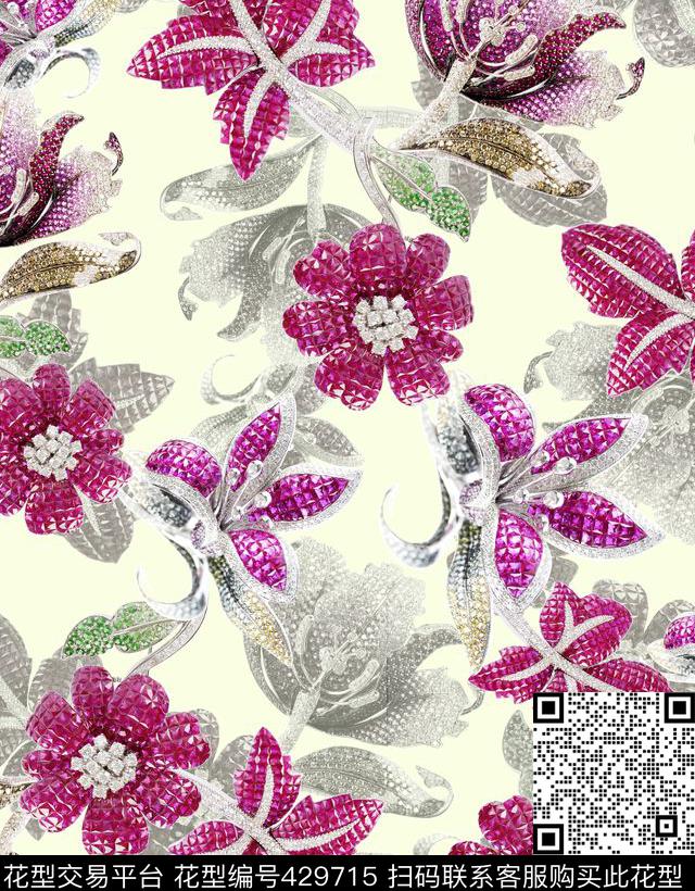 牛逼的珠宝花卉 - 429715 - 大牌 珠宝花卉 紫色魅惑 - 数码印花花型 － 女装花型设计 － 瓦栏